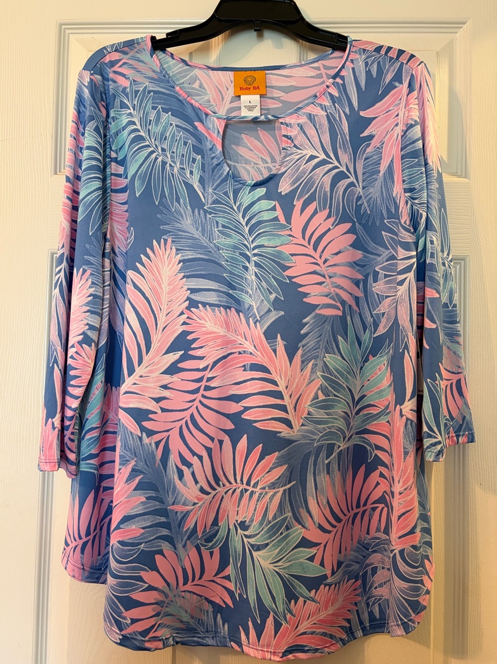 Ruby Rd. Blue Tropical Leaf Keyhole Top with Pink & Mint Accents